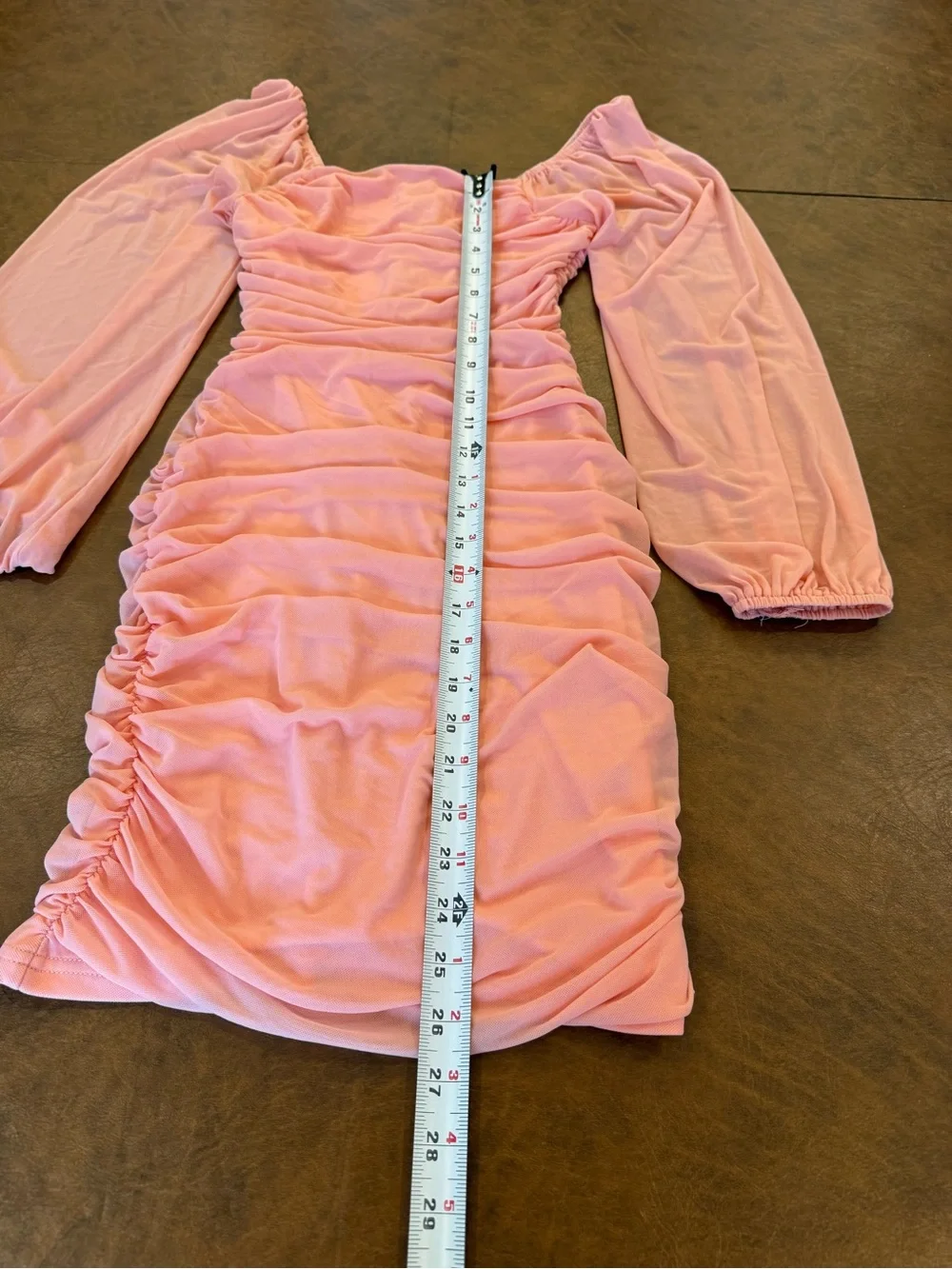 Pink Ruched Dress with Long Sheer Sleeve - Women’s Size Small Bodycon